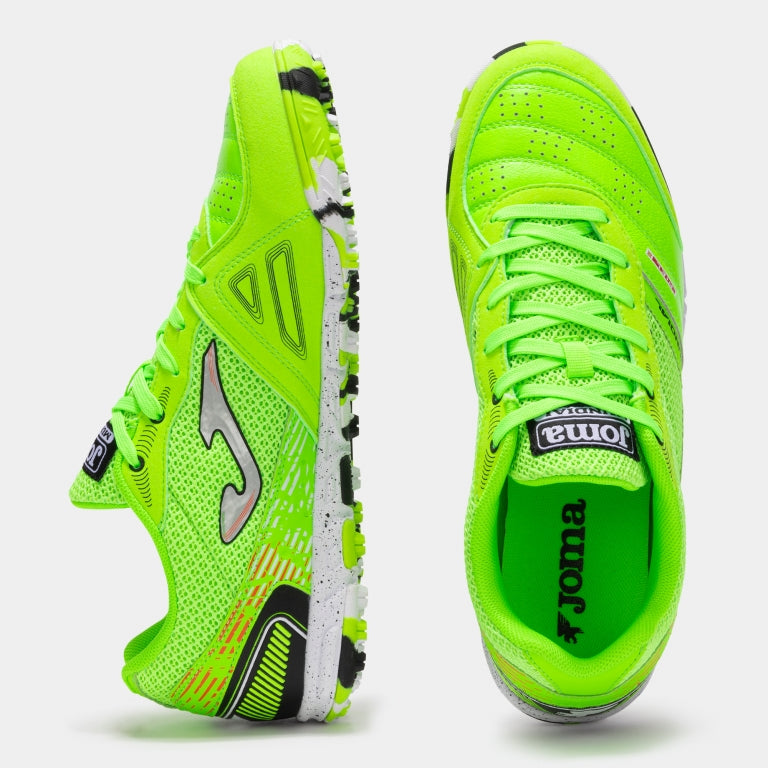 Joma Mundial 2511 green fluor turf shoes – angled top view highlighting laces and breathable upper design
