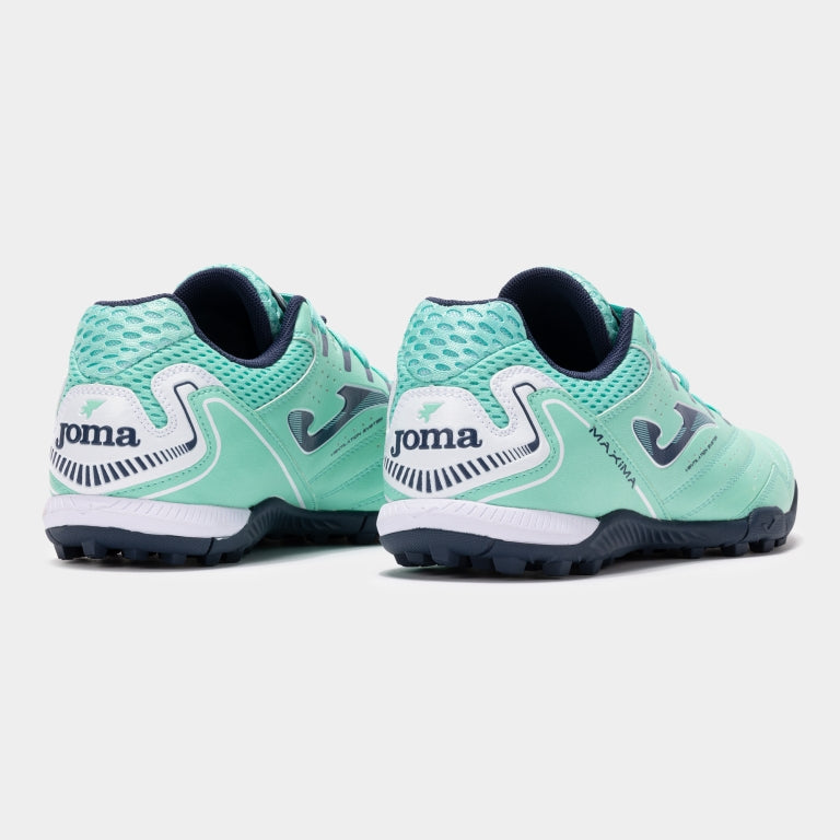 Joma Maxima 2527 turf shoes in turquoise – rear view showing reinforced heel and brand details.