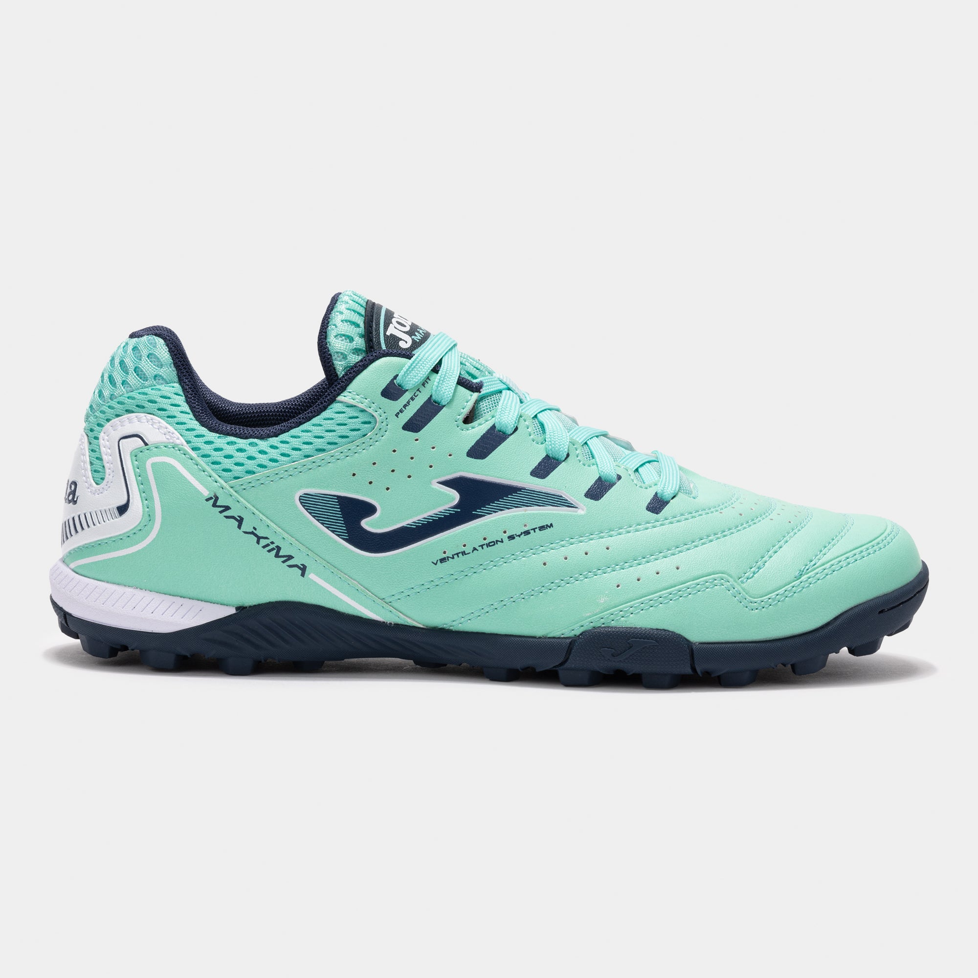 Joma Maxima 2527 turf soccer shoes in turquoise – side view showing synthetic upper and turf rubber outsole.