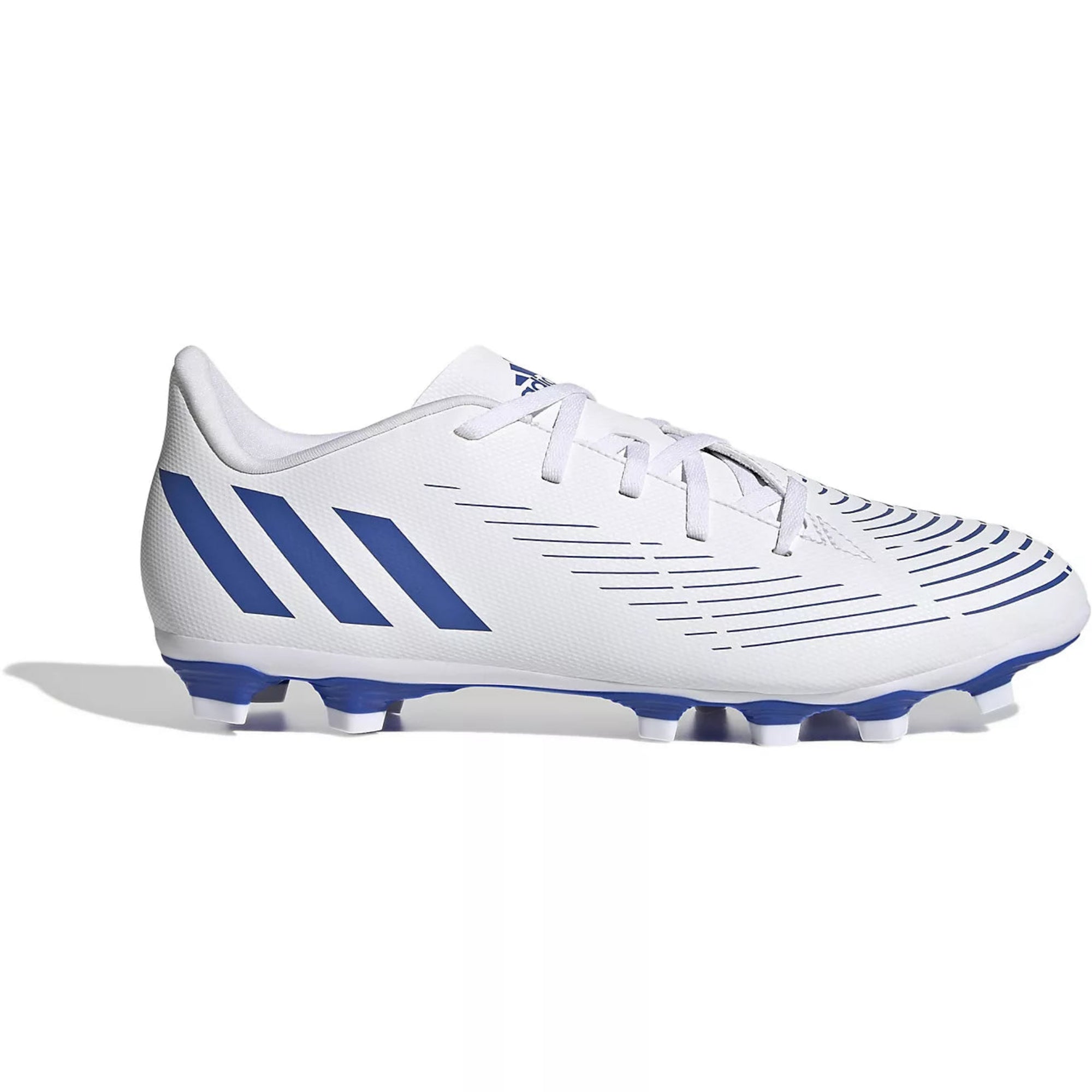 White adidas Predator Edge.4 soccer cleats with blue accents and lace closures.