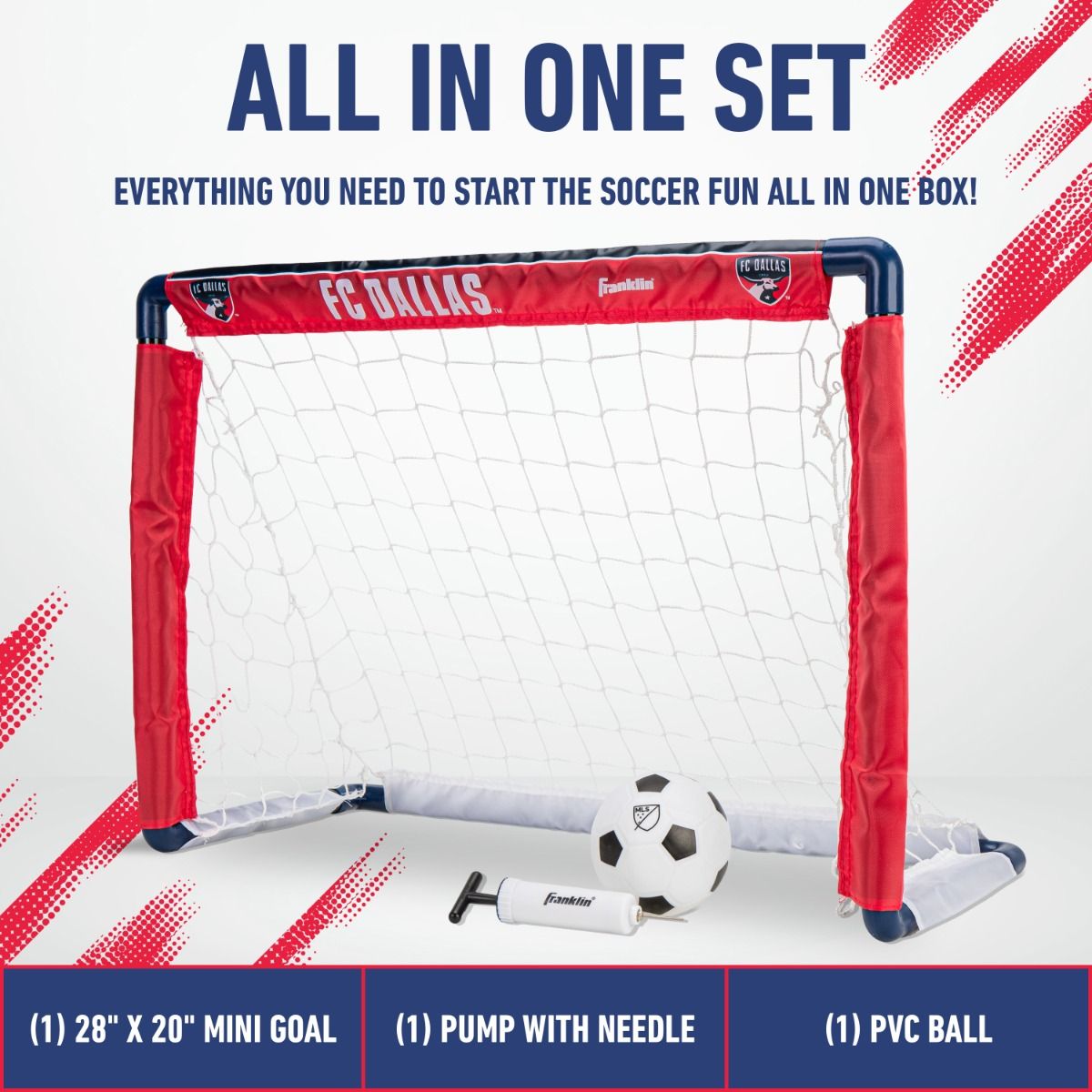 Mini soccer goal set with pump and ball labeled 'FC Dallas' on a white background.