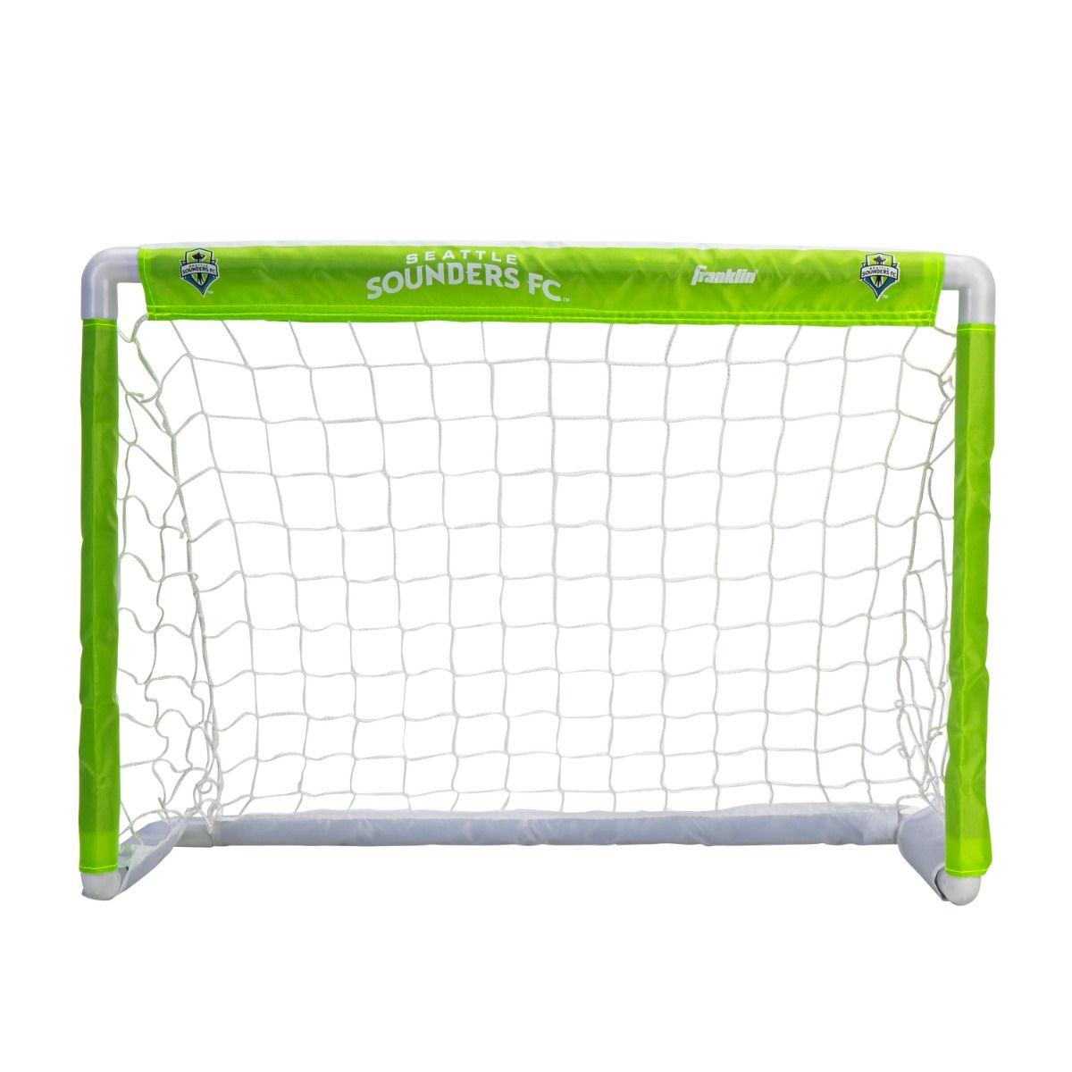 Mini soccer goal with Seattle Sounders FC branding on a white background