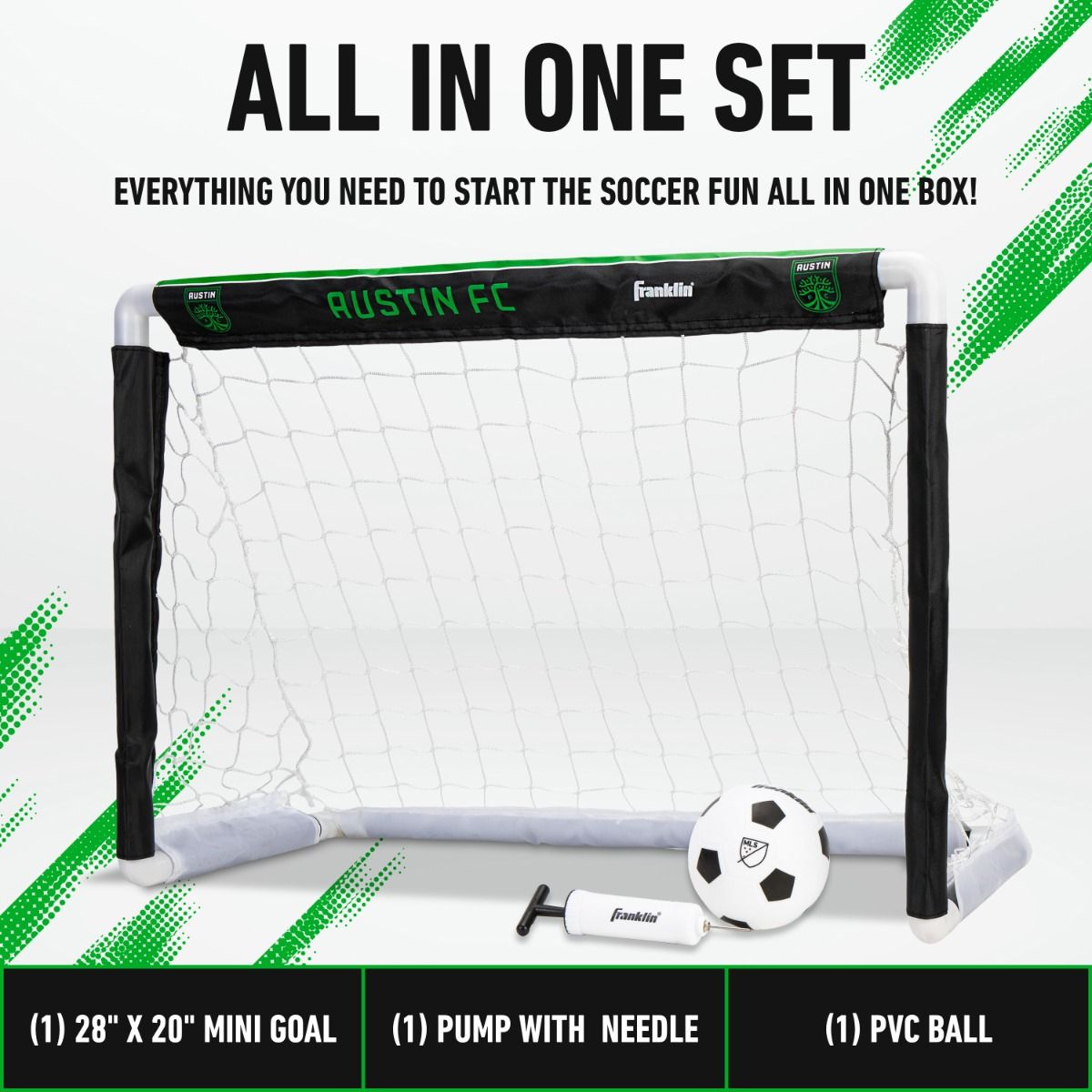 Mini soccer goal set with ball and pump on a white background