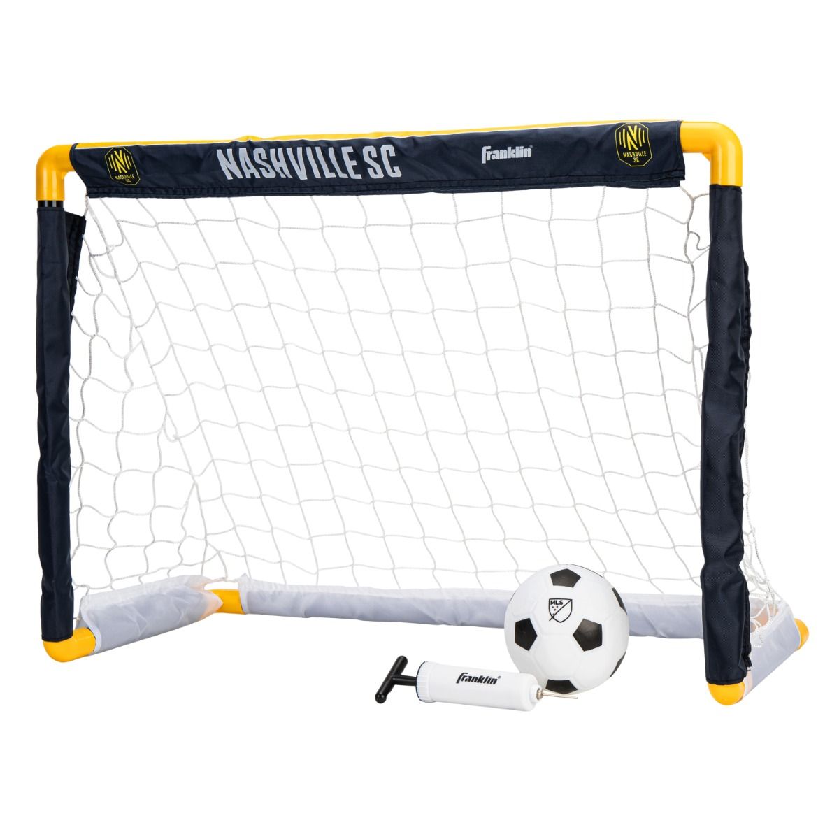 Soccer goal with ball and pump, featuring Nashville SC branding.