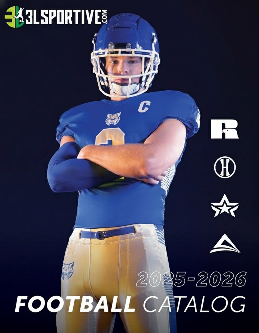 Person in blue football uniform with helmet, standing against a dark background with sports logos and text.