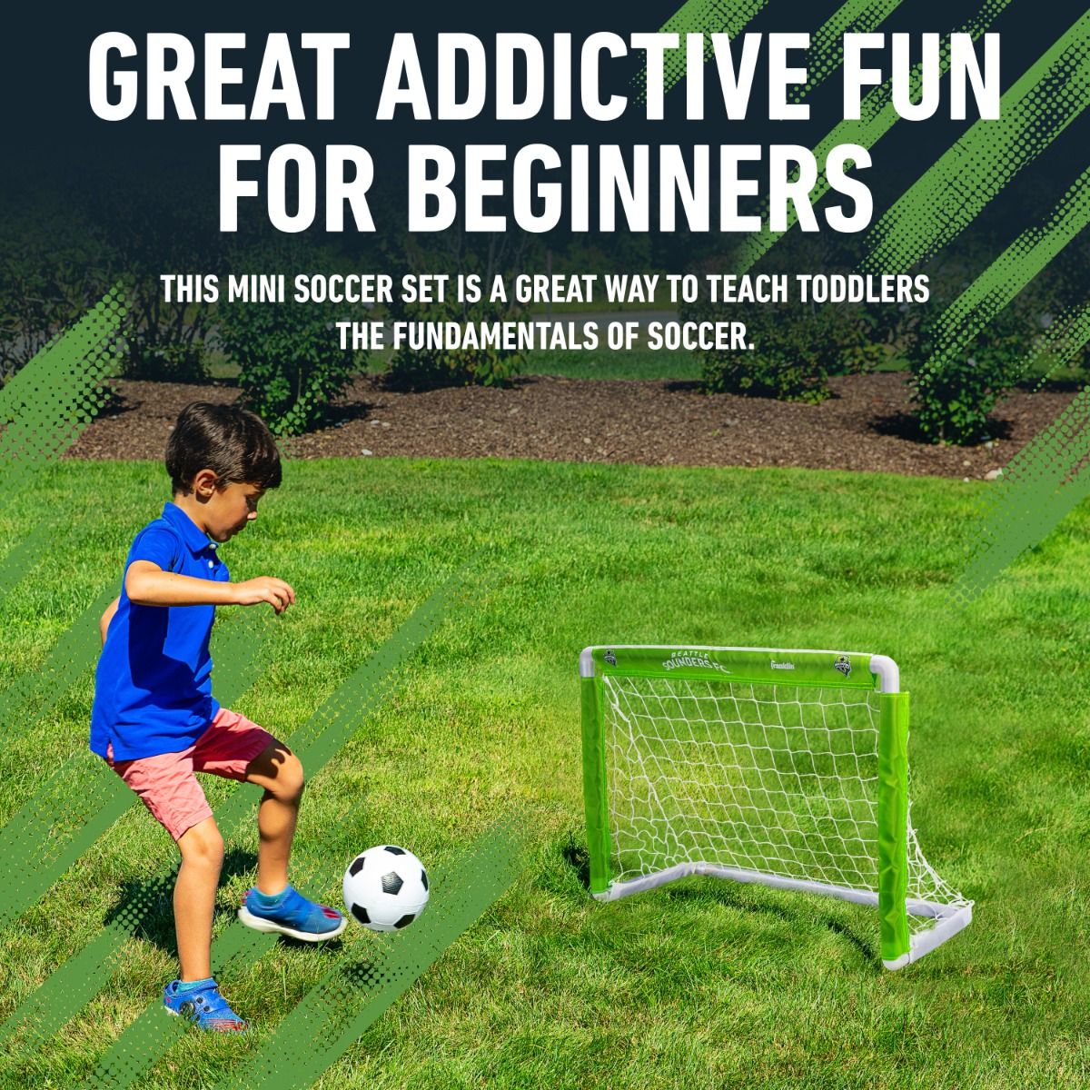 Child playing with a soccer ball and goal on grass, with promotional text about the product.