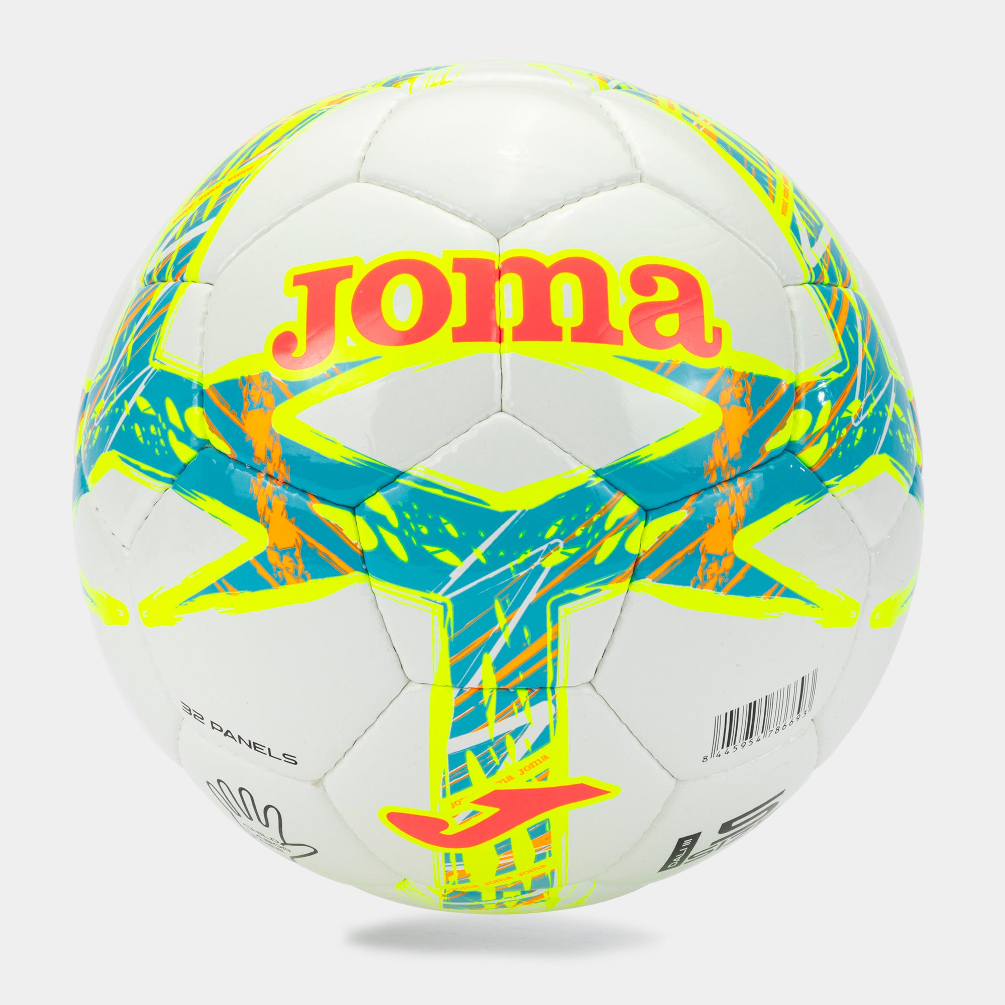 Colorful soccer ball with Joma branding on a white background