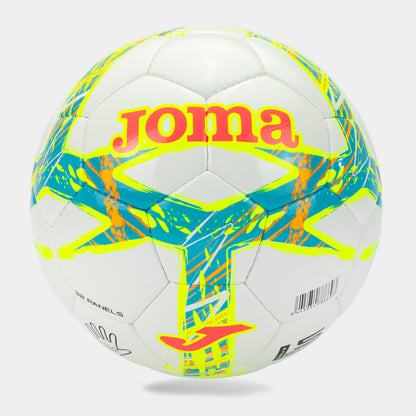 Colorful soccer ball with Joma branding on a white background