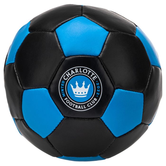 Black and blue soccer ball with Charlotte Football Club logo on a white background