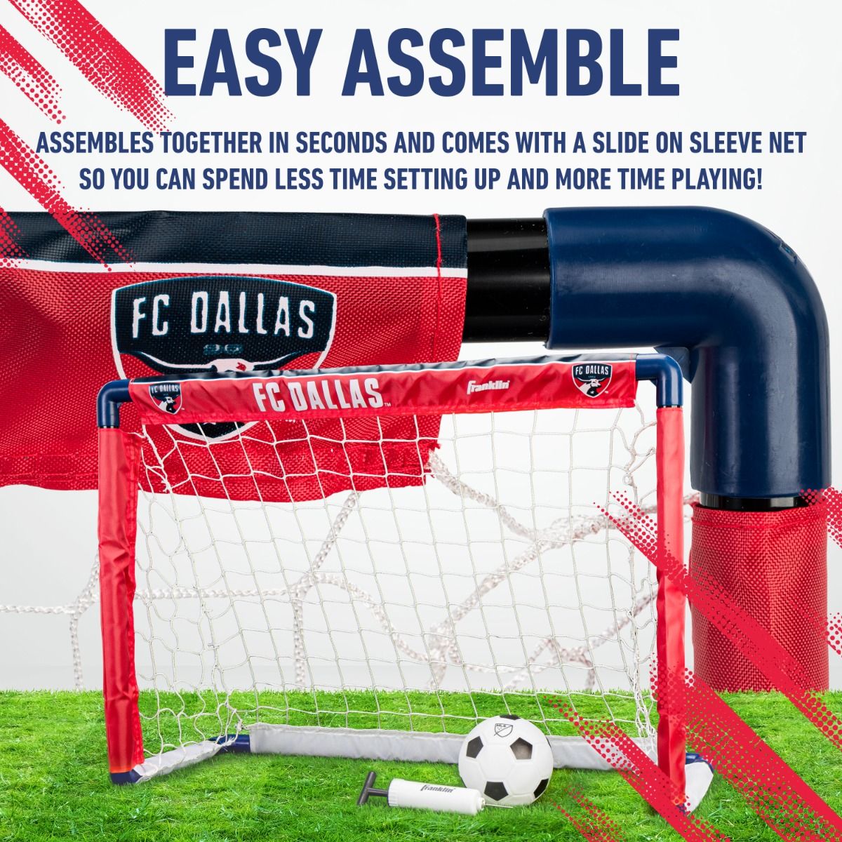 Soccer goal with FC Dallas branding on a grass field, featuring text about easy assembly.