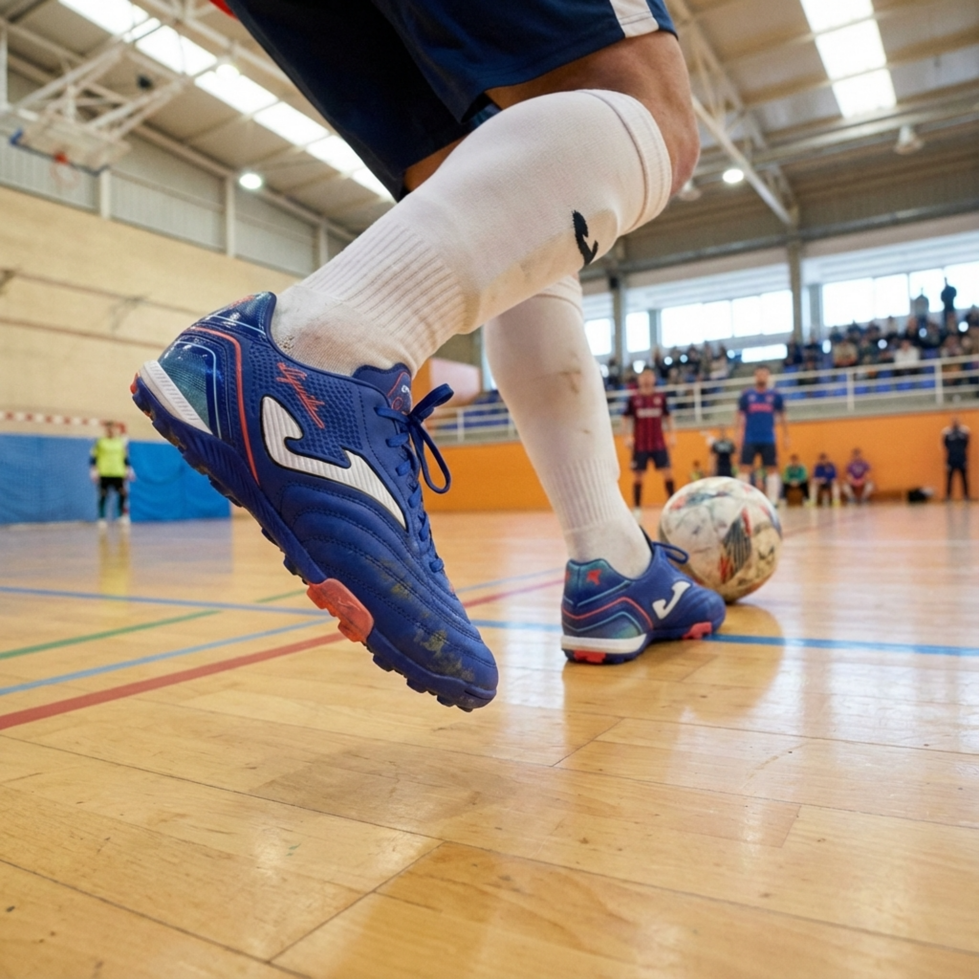 Person wearing blue sports shoes with white socks kicking a soccer ball on a wooden indoor court.