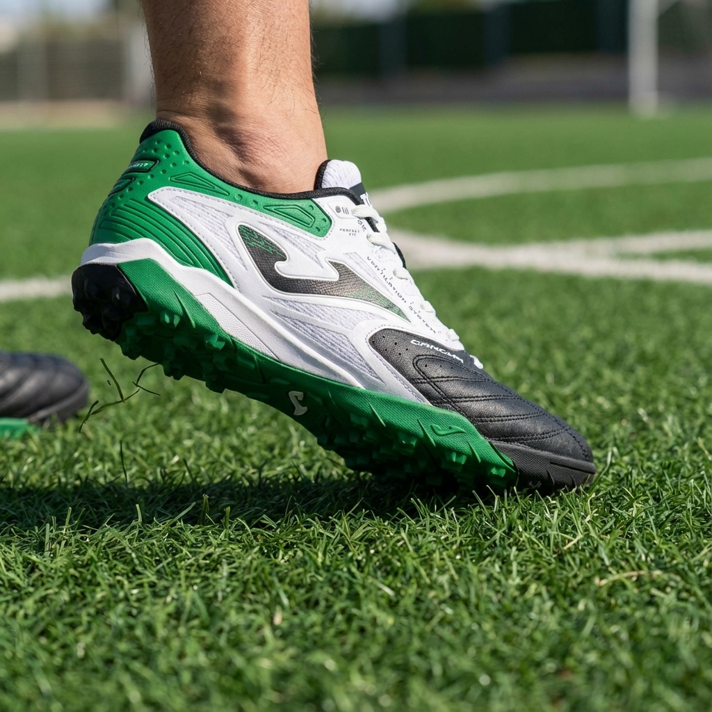 Green and white soccer cleat on a grass field