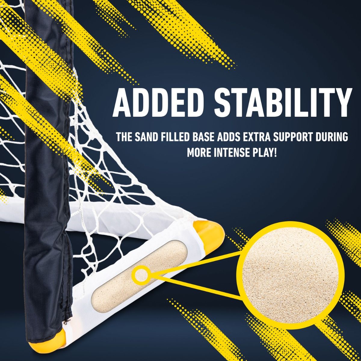 Goalie leg pad with sand-filled base and text about added stability on a dark background