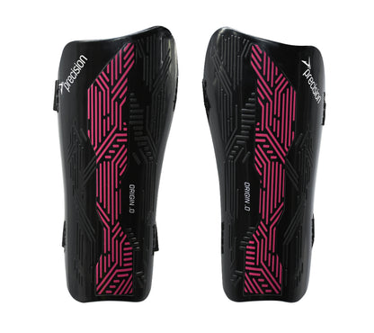 Pair of black and pink athletic shin guards with 'Dainese' branding on a white background