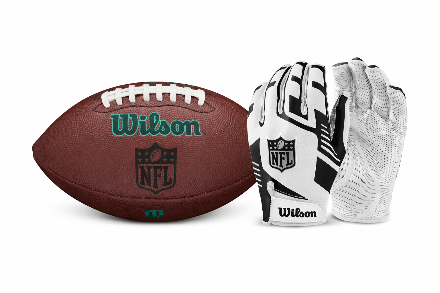Wilson NFL Ignition Pro Eco American Football  + Stretch Fit Receiver Gloves Bundle