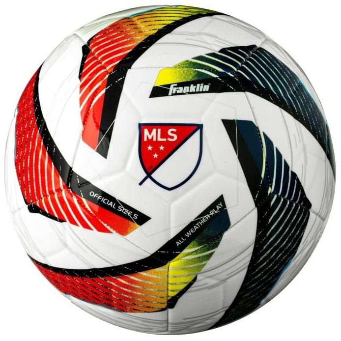 Multicolored soccer ball with MLS and Franklin Sports branding on a white background