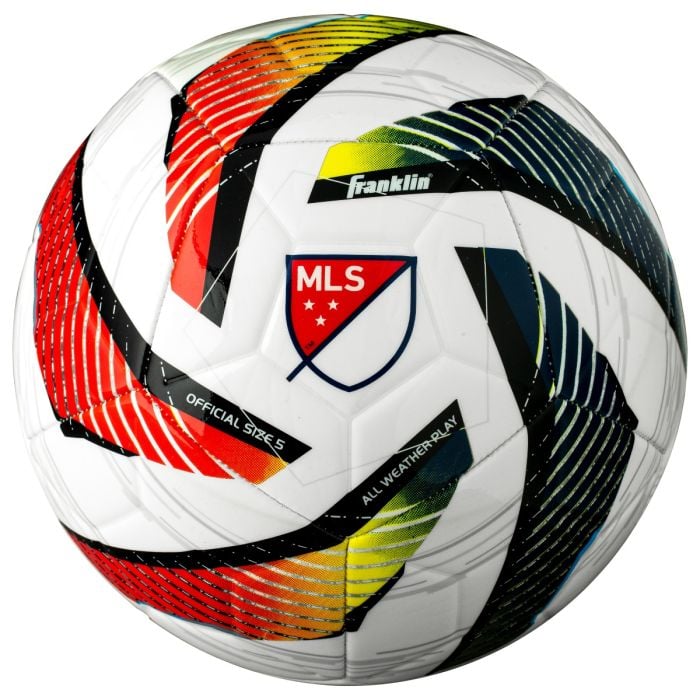 Multicolored soccer ball with MLS and Franklin Sports branding on a white background