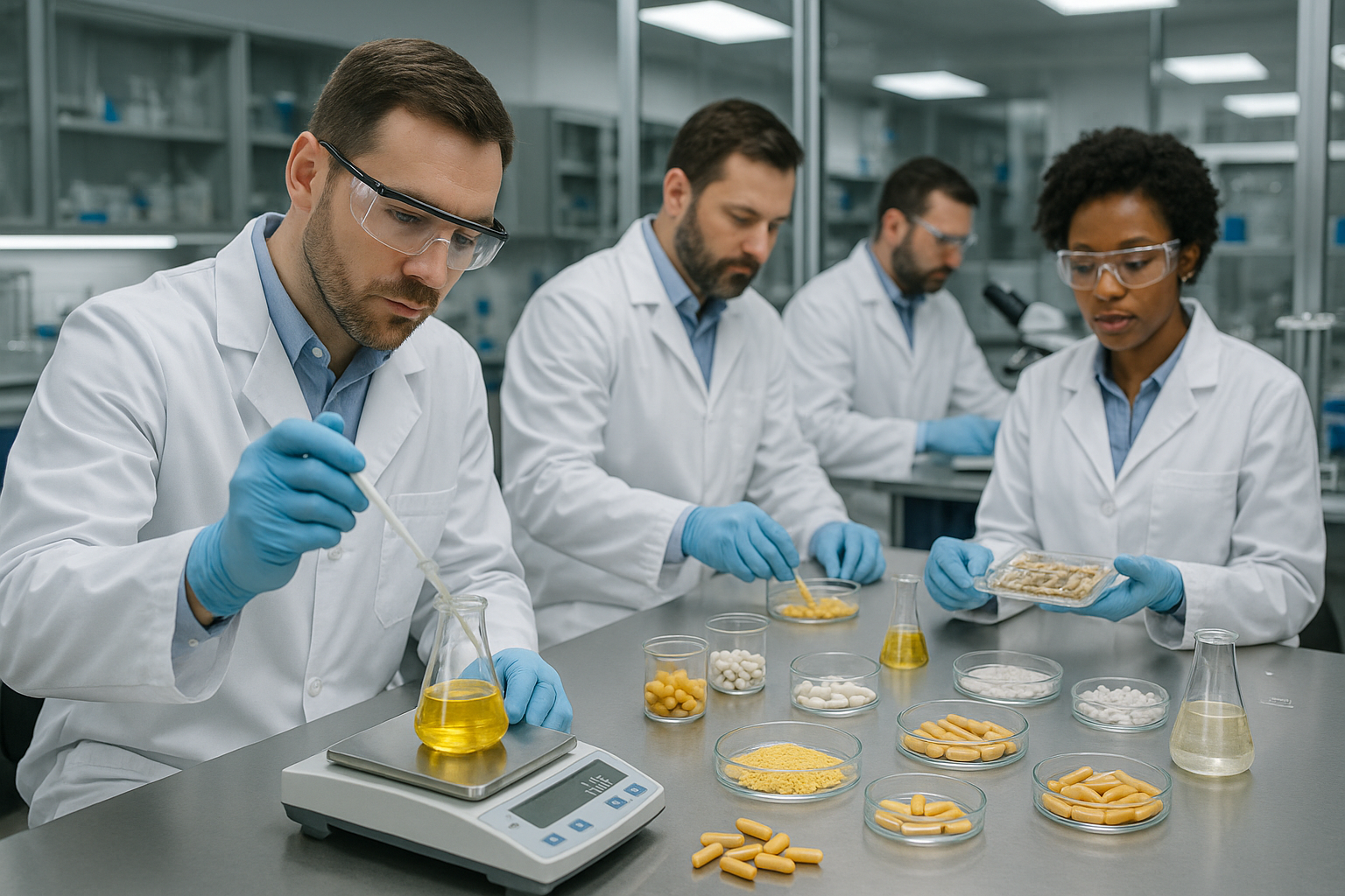 Generate an image of some doctors creating supplements , make it look real 