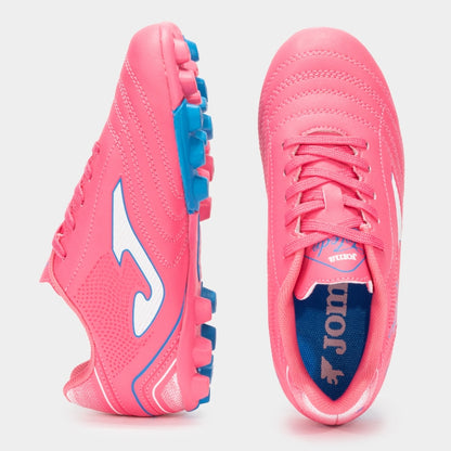Pink soccer shoes with blue accents